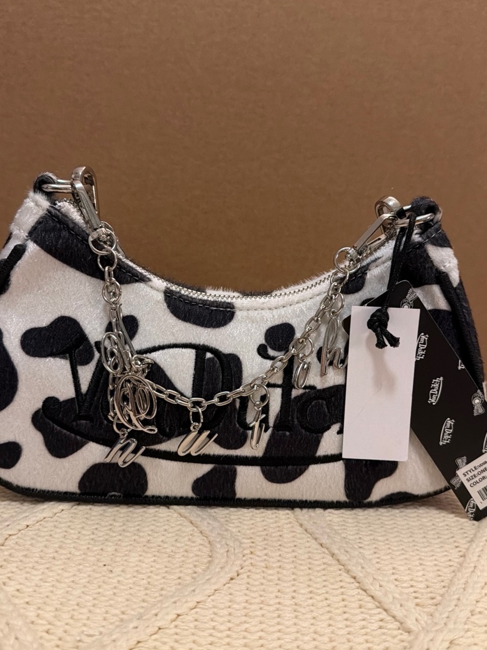 Von Dutch Black & White Cow-Print Shoulder Bag with Charm Chain